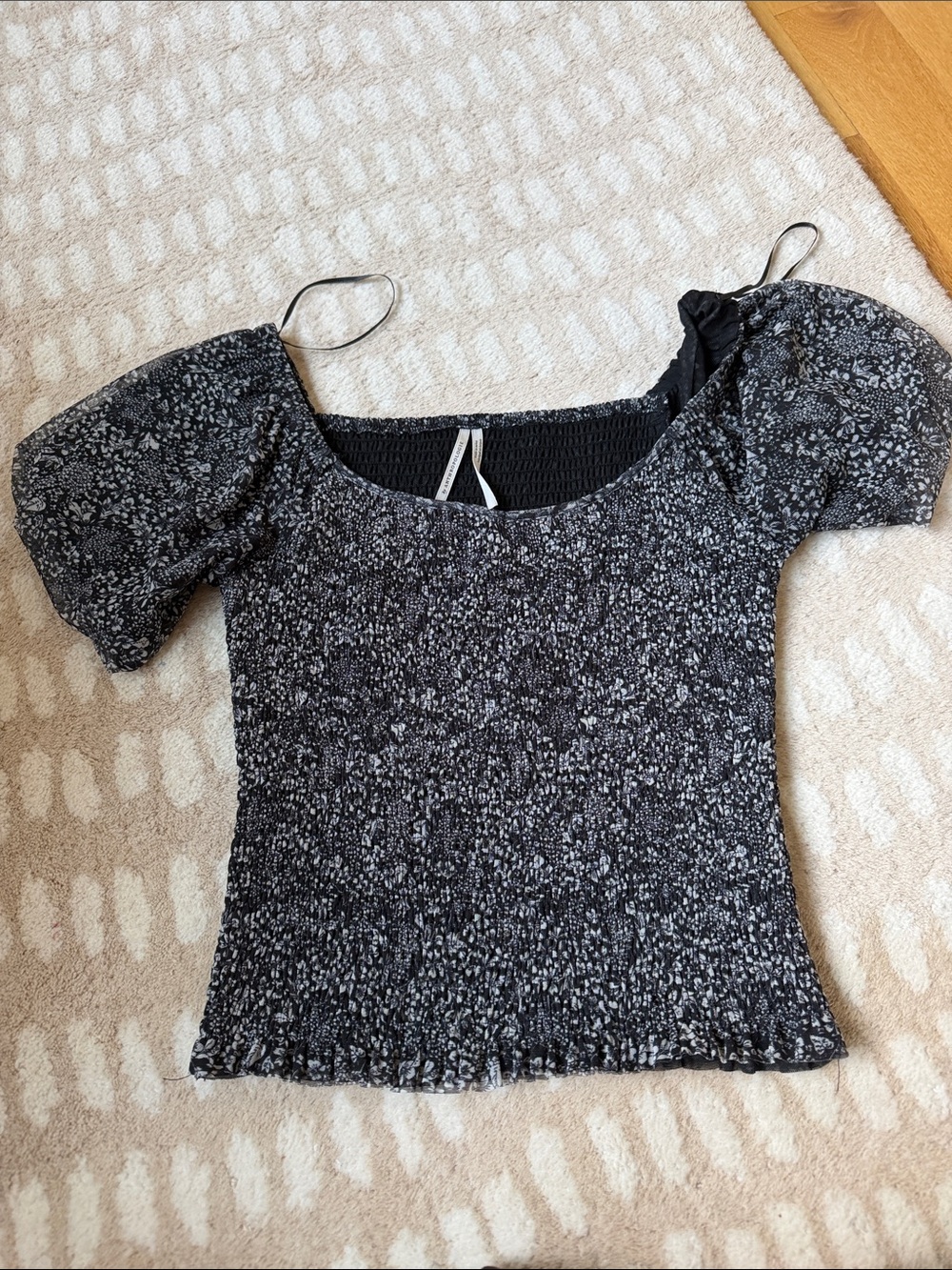 Anthropologie Black Floral Smocked Square-Neck Women’s Top